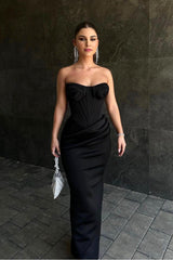Black Strapless Sleeveless Sweetheart Long Formal Dress With Pleated