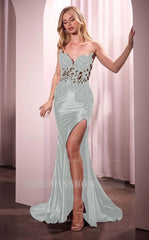 Black Strapless Sweetheart Sleeveless Lace Applique Mermaid Split Formal Evening Gown