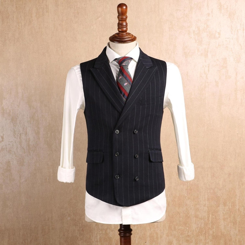Black Striped Peak Lapel Three Piece Business Attire
