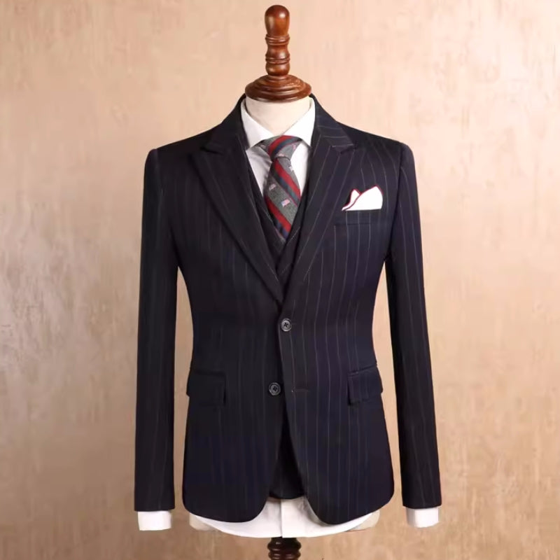 Black Striped Peak Lapel Three Piece Business Attire