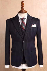Black Striped Peak Lapel Three Piece Business Attire