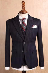 Black Striped Peak Lapel Three Piece Business Attire
