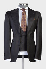 Black Striped Peaked Lapel Three-Piece Business Suit for Men