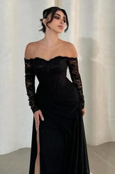 Black Sweetheart Detachable Long Sleeves Lace Mermaid Front Slit Formal Evening Dress
