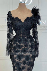 Black Sweetheart Long Sleeve Lace Appliqued Mermaid Floor Length Formal Evening Gown
