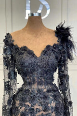Black Sweetheart Long Sleeve Lace Appliqued Mermaid Floor Length Formal Evening Gown
