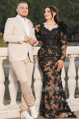 Black Sweetheart Long Sleeve Lace Appliqued Mermaid Floor Length Formal Evening Gown