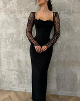 Black Sweetheart Long Sleeve Lace Column Corset Floor Length Formal Evening Gown