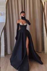 Black Sweetheart Sleeveless A-Line Satin Rhinestone Beaded High Slit Formal Evening Dress