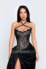 Black Sweetheart Sleeveless Lace Appliques Mermaid Satin Floor Length Formal Evening Gown