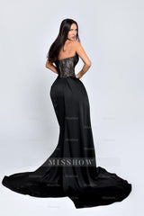 Black Sweetheart Sleeveless Lace Appliques Mermaid Satin Floor Length Formal Evening Gown