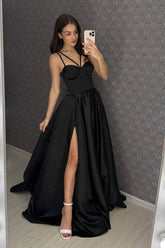 Black sweetheart satin A-line evening dress