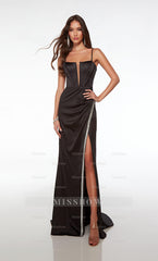 Black Sweetheart Spaghetti Straps Column Satin Rhinestone Floor Length Evening Dress
