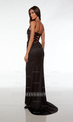 Black Sweetheart Spaghetti Straps Column Satin Rhinestone Floor Length Evening Dress