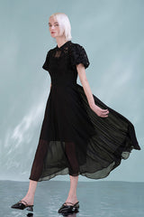 Black Tea Length Chiffon Lace Dress with Puff Sleeves