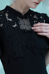 Black Tea Length Chiffon Lace Dress with Puff Sleeves