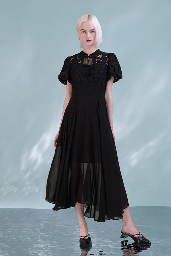 Black Tea Length Chiffon Lace Dress with Puff Sleeves