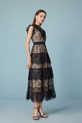Black Tea Length Lace Cake Dress with Flutter Sleeves