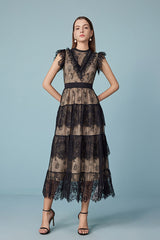 Black Tea Length Lace Cake Dress with Flutter Sleeves