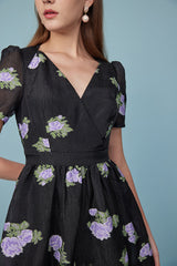 Black Tea Length V-neck Printed Dress with Puff Sleeves
