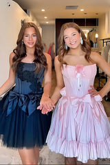 Black Tulle Strapless A Line Short Corset Homecoming Dress with Bows