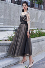 Black Tulle Tea Length A-Line Formal Dress Lace Long Sleeve Butterfly Appliques Rhinestone Illusion High Neck