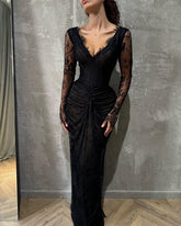 Black Lace Long Sleeve Formal Dress Deep V-Neck Ruched Waist Open Back Floor Length Sheath Gown