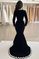 Black Velvet Long Sleeve Mermaid Evening Gown Deep V-Neck White Scallop Lace Trim Hem Sweep Train Formal Prom Dress