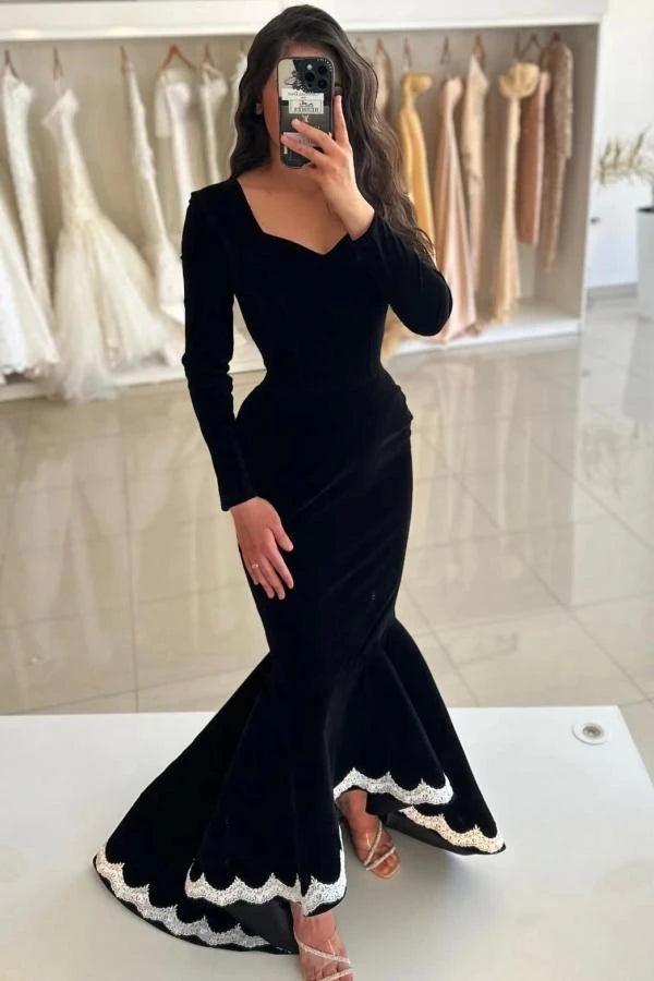 Black Velvet Long Sleeve Mermaid Evening Gown Deep V-Neck White Scallop Lace Trim Hem Sweep Train Formal Prom Dress