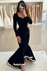Black Velvet Long Sleeve Mermaid Evening Gown Deep V-Neck White Scallop Lace Trim Hem Sweep Train Formal Prom Dress