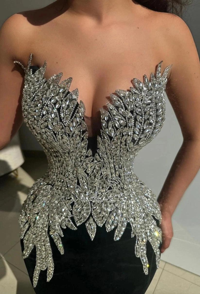 Black Velvet Mermaid Evening Gown Strapless Illusion Deep V Sweetheart 3D Crystal Leaf Beaded Bodice Silver Rhinestone Sweep Train
