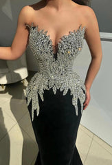 Black Velvet Mermaid Evening Gown Strapless Illusion Deep V Sweetheart 3D Crystal Leaf Beaded Bodice Silver Rhinestone Sweep Train
