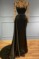 Black long evening dress with sleeves Prom Evening Dresses in glitter