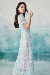 Blue Ankle Length V-neck Lace Dress with Short Sleeves
