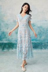 Blue Ankle Length V-neck Lace Dress with Short Sleeves