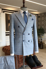 Blue Bespoke Peaked Lapel Plaid Business Suit