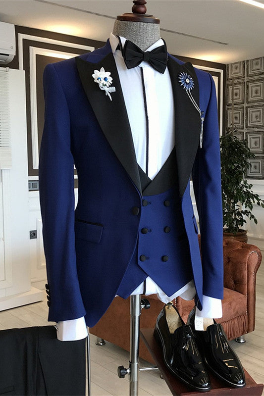 Blue Bespoke Three-Piece Prom Suit with Black Peaked Lapel