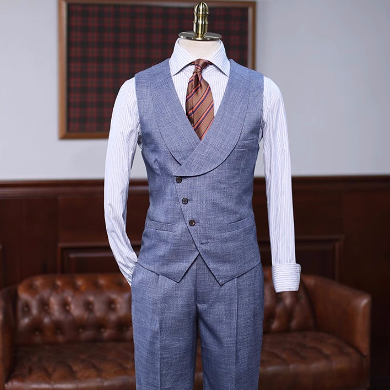 Blue Chic Notched Lapel Three-Piece Business Suit
