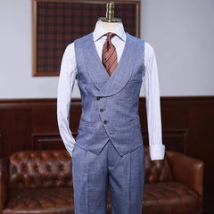 Blue Chic Notched Lapel Three-Piece Business Suit