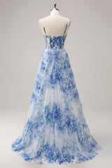 Blue square applique A-line prom dress