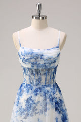 Blue square applique A-line prom dress