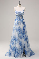Blue square applique A-line prom dress