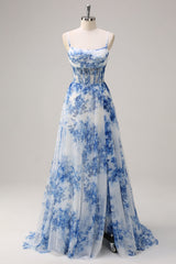Blue square applique A-line prom dress