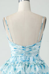 Blue Floral Spaghetti Straps A-Line Tiered Short Homecoming Dress with Ruffles