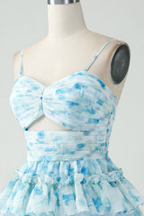 Blue Floral Spaghetti Straps A-Line Tiered Short Homecoming Dress with Ruffles