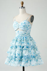 Blue Floral Spaghetti Straps A-Line Tiered Short Homecoming Dress with Ruffles