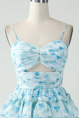 Blue Floral Spaghetti Straps A-Line Tiered Short Homecoming Dress with Ruffles
