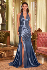 Royal blue halter ruched mermaid evening dress