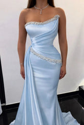 Blue Ice One Shoulder Sleeveless Mermaid Satin Ruched Beaded Floor Formal Evening Gown