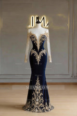 Blue Illusion Sweetheart Long Sleeve Velvet Mermaid Floor Length Formal Evening Gown